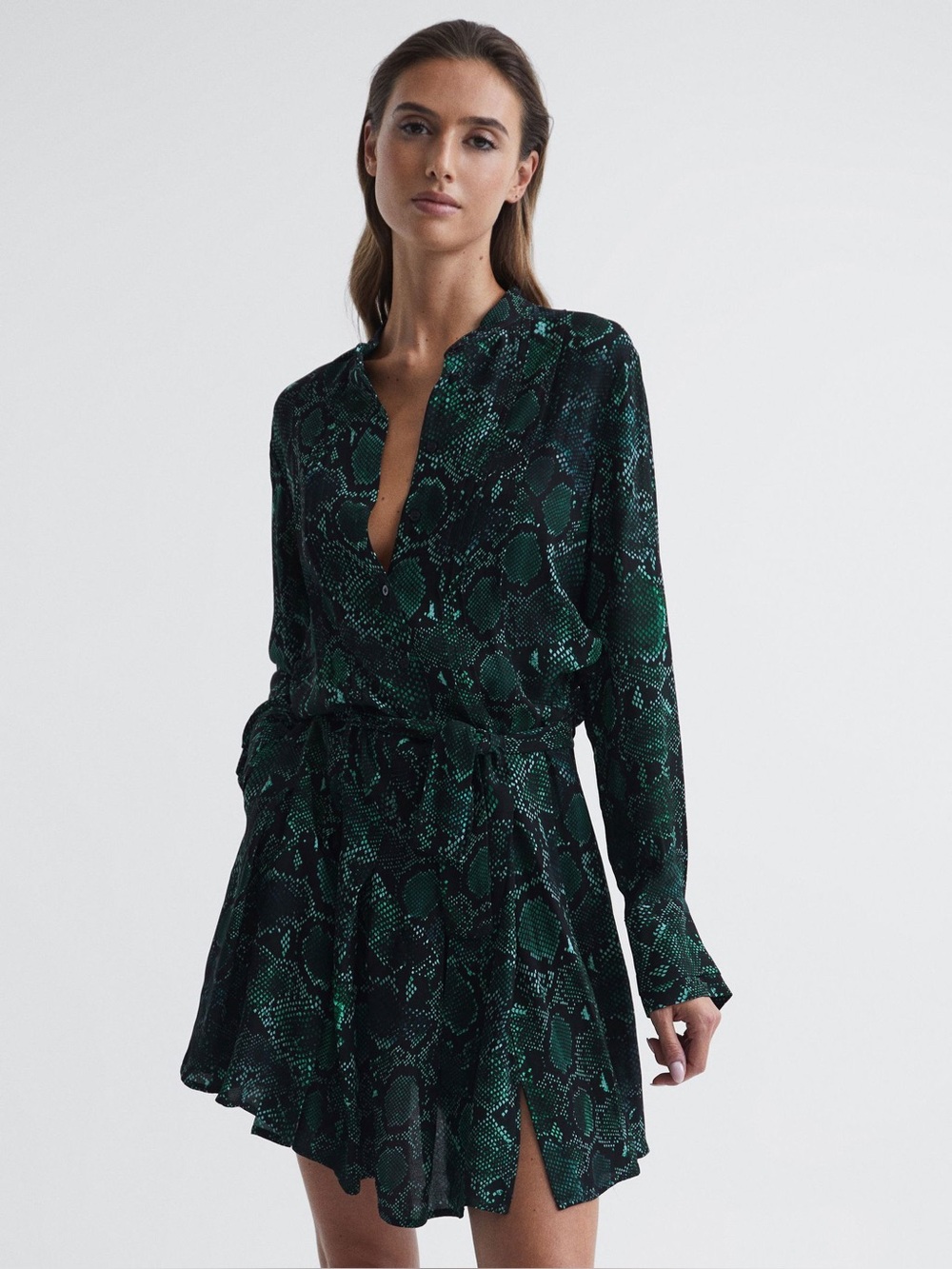 Reiss Teal and Black Snake-Print Long Sleeve Dress